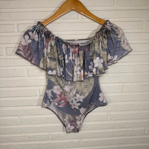 Chaser Tops - Chaser Blue Vintage Floral Off-Shoulder Bodysuit, Women’s Size Small
